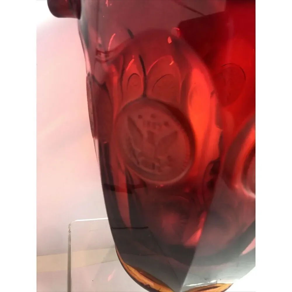Fostoria Ruby Red Coin Dot Ice Lip Glass Pitcher Vintage Red 6” High 6” Width
